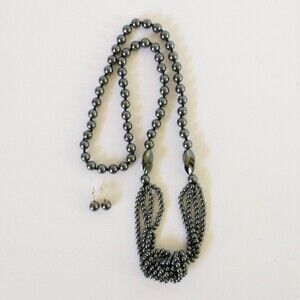 Vtg Hematite Beaded Knotted Necklace and Matching Pierced Earrings